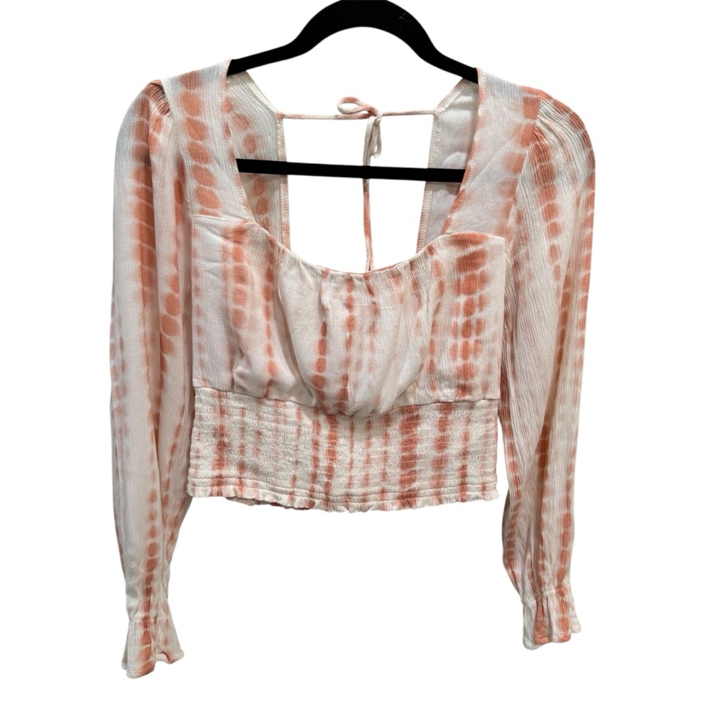 June & Hudson Beige Long Sleeve Crop Blouse Tie Die Boho Size M